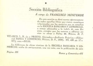 Encabezado de la Sección Bibliográfica en la Revista Banca y Comercio | Acervo Hemerográfico | Octubre de 1939