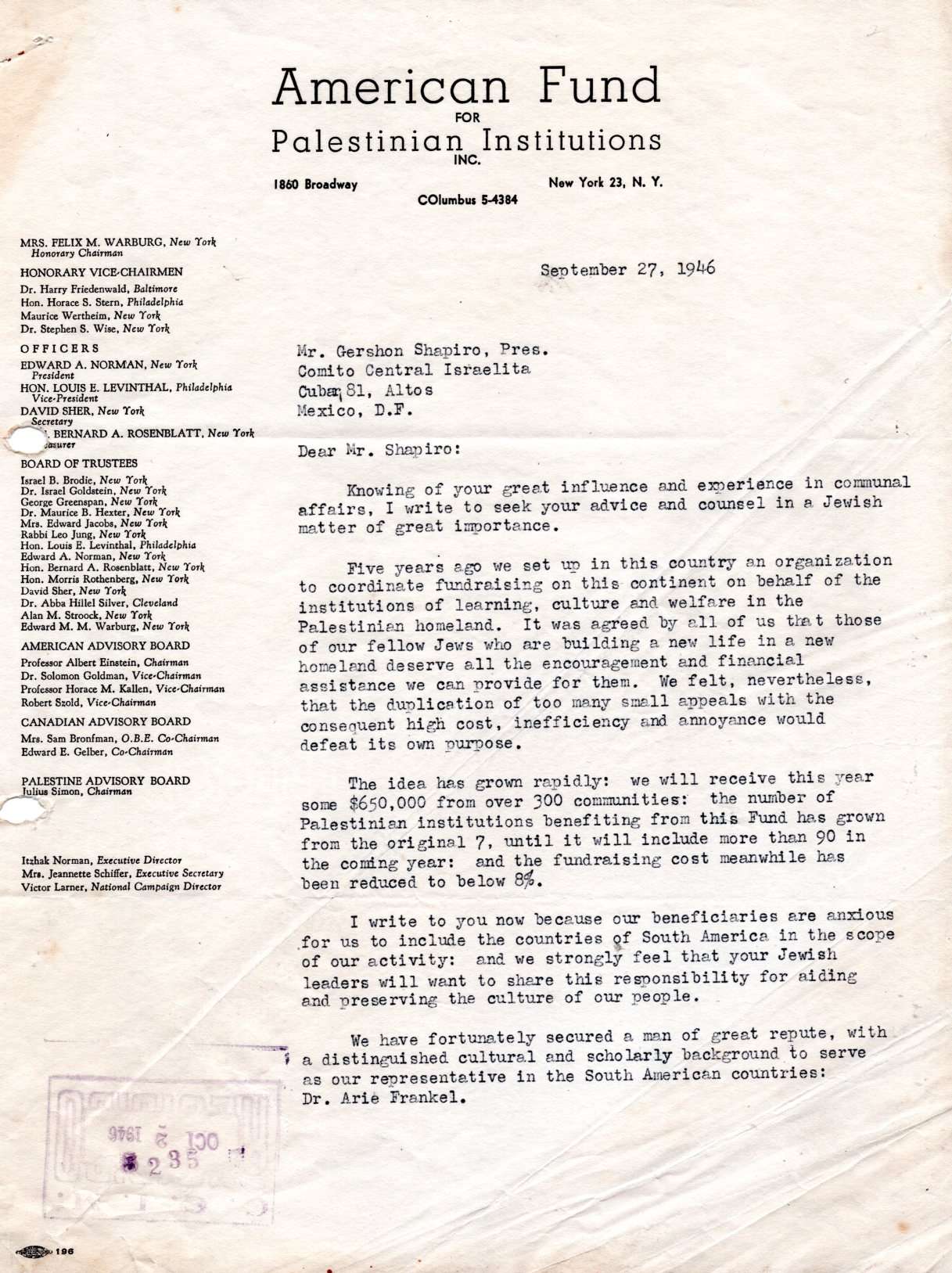 Carta de Albert Einstein al Comité Central de la Comunidad Judía de México