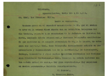 Respuesta a telegrama de Francisco Villa Noviembre 4 de 1914
